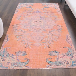 4x8 Turkish Vintage Rug, Oushak Handmade Wool Runner Rug, Salmon Colored Semi-Antique Hallway Rugs, Farmhouse Decor, One-of-a-Kind Carpet