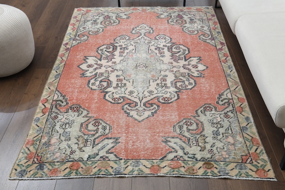 85×198 ViNTAGE TURKiSH RUG 6'6x9'4 Ft, PINK BEIGE GREEN, Vintage Turkish Rug, Living
