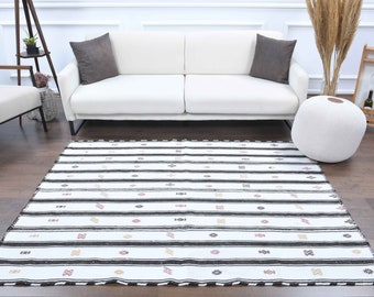 5x7 Vintage Turkish KILIM Area Rug, Oushak Handmade Wool BLACK & WHITE Flatweave Rugs, Farmhouse Decor One-of-a-Kind, Made in Anatolia, Boho