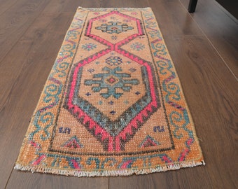 1x3 Turkish Antique Rug, Oushak Rug, Door Mat Bath Mat, Small Carpet, Handmade Wool Rug, Neutral Orange Doormat, Mini Rug, One-of-a-Kind