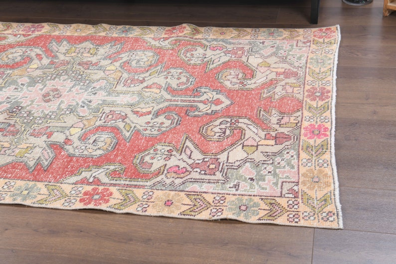 4x7 Vintage Turkish Rug, Oushak Handmade Wool Carpet, Red Small Area