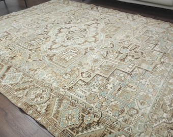 8x10.5 Turkish Vintage Rug, Oushak Rug, Floral Area Rug, Handmade Wool Rug, Farmhouse Decor, Authentic Beige Brown Floral, Ethnic Carpet