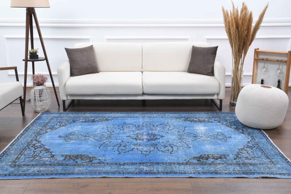 6x8 Turkish Vintage Night Blue Colored Carpet, Handmade Wool Rug