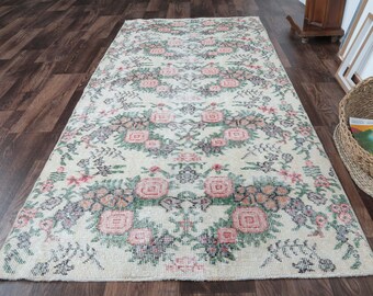 3x6'3 ft, TURKISH SMALL RUG, Vintage Oushak Rug, Handmade Wool Rug, Neutral Floral Hallway Rug, Bohemian Rug, Antique Rug, Bedroom Rug, Star
