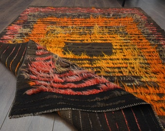 4'4x6'2 ft, VINTAGE TÜRKISCHER KILIM, Handgefertigter Oushak Wollteppich, Flachgewebe, Bauernhaus Dekor, Waschbar Teppich, 4x15 cm, Stern