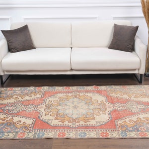 4x7 Turkish Vintage Rug, Oushak Handmade Wool Carpet, Red Small Room Area Rugs Farmhouse Decor, One-of-a-Kind, Anatolia, Folk Art