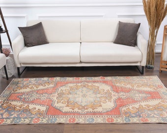 4x7 Turkish Vintage Rug, Oushak Handmade Wool Carpet, Red Small Room Area Rugs Farmhouse Decor, One-of-a-Kind, Anatolia, Folk Art