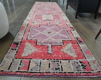 3x11 ft, PINK RUNNER RUG, Vintage Turkish Oushak Rug, Bohemian Rug, Hand-Knotted Wool, Kitchen Hallway Rug, One-of-a-Kind, Stairway Runner