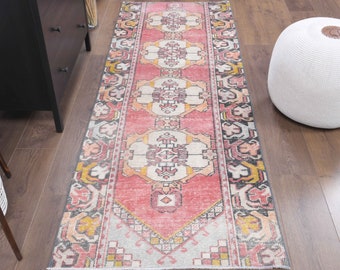 3x11 Vintage Turkish Oushak Runner, Handmade Wool Carpet, Red Kitchen Hallway Rug, One-of-a-Kind, Anatolian, Boho Decor, Ethnic Carpet