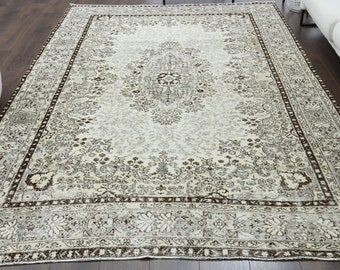 7x11 Turkish Vintage Carpet, Oushak Rug, Handmade Wool Rug, Beige Oriental Rug, Area Rugs, Farmhouse Decor, One-of-a-Kind, Bohemian Rustic