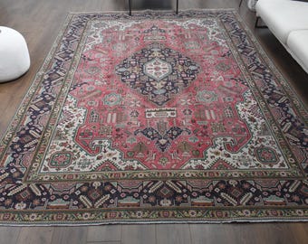 Tappeto turco vintage 8x11, tappeto Oushak unico, tappeto, tappeto in lana fatto a mano, arredamento rustico, grande tappeto rosa, tappeto orientale, tappeto boho
