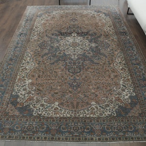 Tapis Oushak vintage turc 7 x 9, tapis en laine fait main, tapis 7 x 9, décoration de ferme, tapis unique, tapis oriental 7 x 9, tapis de chambre à coucher unique