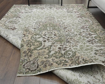Tappeto turco vintage 5x8, tappeto rustico Oushak, tappeti verdi floreali, arredamento rustico, tappeti per soggiorno, pezzi unici, anatolici, regalo per la casa