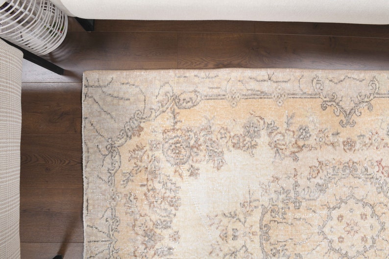 4x7 Antique Turkish Area Rug, Oushak Handmade Wool Beige Oriental Rugs