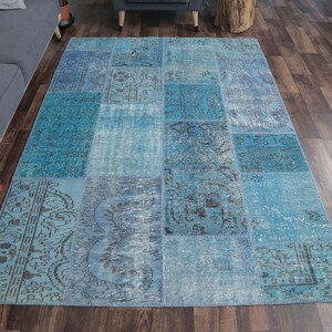 5x8 PATCHWORK Turkish Vintage Rug, Oushak Handmade Wool Rug, Blue Custom Rugs, Farmhouse Decor, One-of-a-Kind, Anatolia