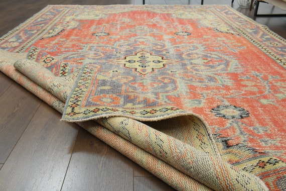 7x10 Vintage Turkish Rug, Oushak Rug, Handmade Wool Carpet