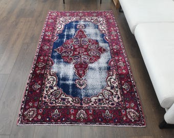 4x7 Vintage Turkish Carpet, Oushak Handmade Wool Rug, Purple Blue, Area Rugs, Farmhouse Decor, One-of-a-Kind, Made in Anatolia, Folk Art