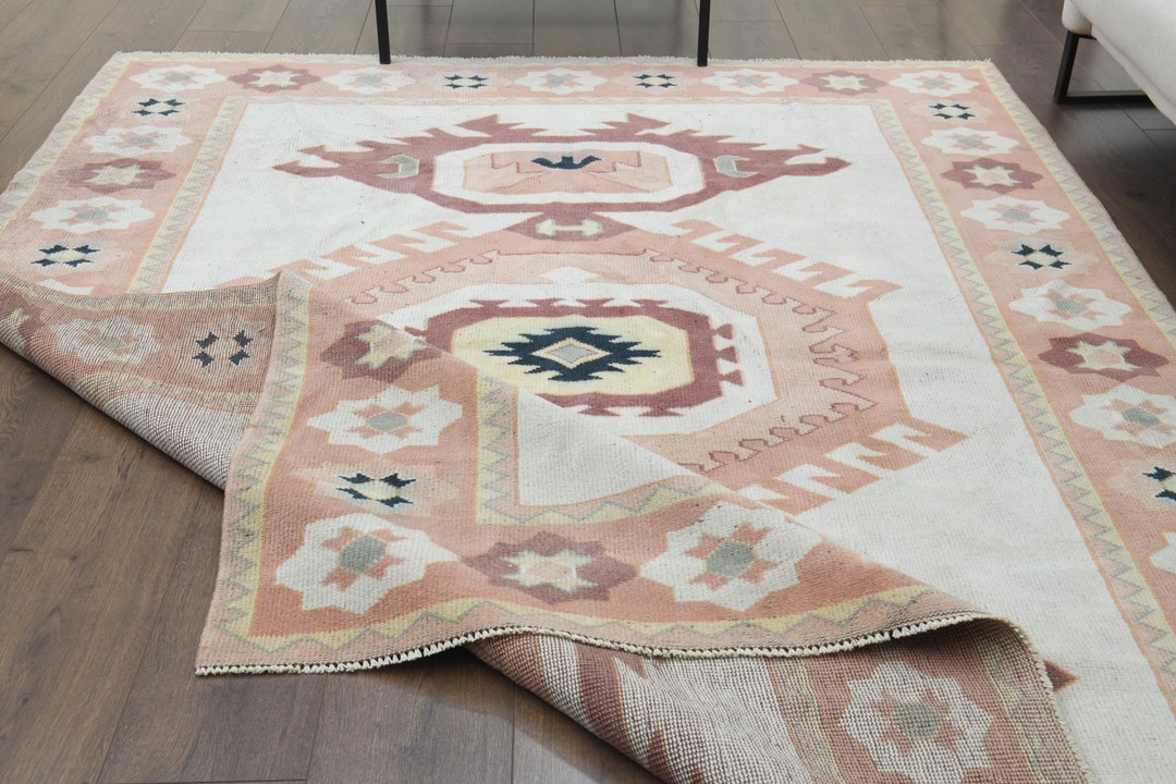 6x8 Ft, GEOMETRICAL Vintage Rug, Turkish Oushak Rug, Handmade Wool Area ...