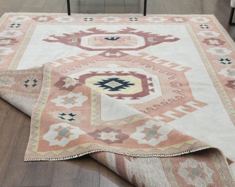 6x8 ft, GEOMETRICAL Vintage Rug, Turkish Oushak Rug, Handmade Wool Area Rug, Bohemian Rug, White Pink Rug, Washable Rug, Rug for Living Room