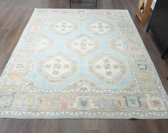 Vintage tapijt OUSHAK 8 x 10, blauw wit oversized vloerkleed, Turks tapijt 8 x 10, gebloemd tapijt, handgemaakt wollen tapijt, handgeweven, grote eetkamertapijt