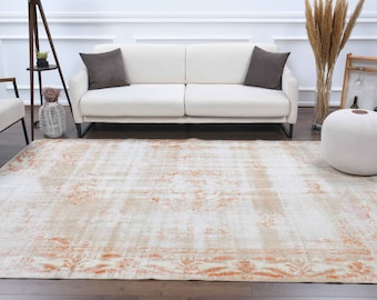 7x10 ANTIQUE Turkish Area Rug, Oushak Rug, Handmade Wool Carpet, Low Pile Distressed Rugs, Farmhouse Decor, One-of-a-Kind, Turkey Rug