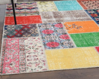 6x10 PATCHWORK Turkish Vintage Carpet, Oushak Handmade Wool Rug