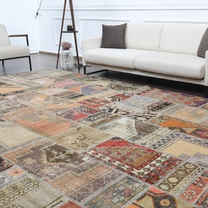 May include: A large, multi-colored patchwork rug with a variety of patterns and textures. The rug is made from recycled materials and has a vintage look.