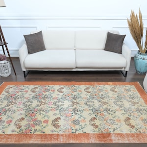 4x8 Turkish Vintage Rug, Faded Orange Floral Oushak Rug, Handmade Wool Bordered Area Rug, Boho Decor, One-of-a-Kind Living Room Bedroom Rug