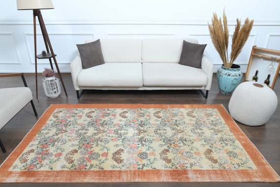 4x8 Turkish Vintage Rug, Faded Orange Floral Oushak Rug, Handmade
