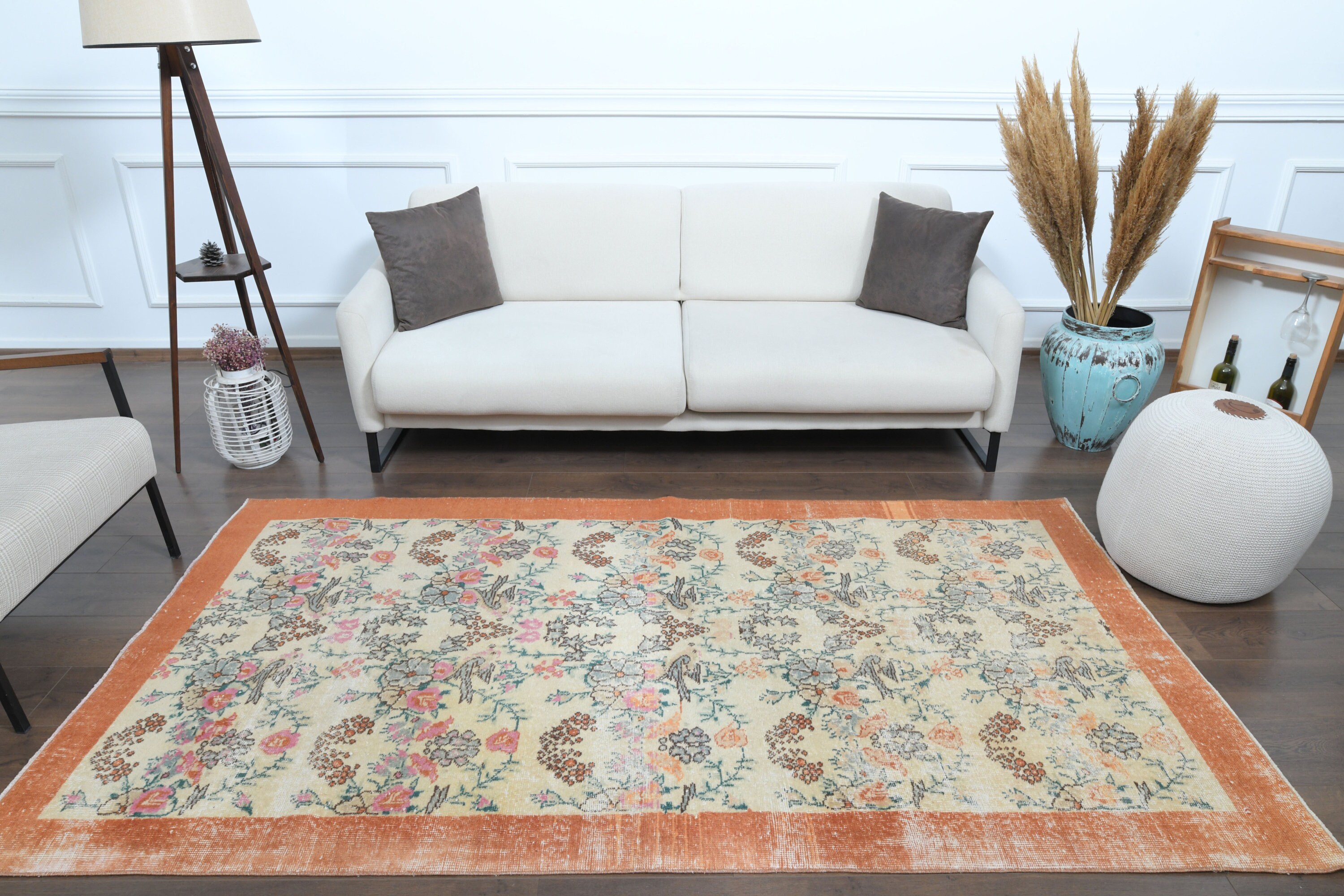 4x8 Turkish Vintage Rug, Faded Orange Floral Oushak Rug, Handmade