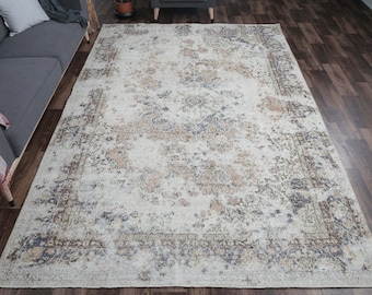 7x10 Vintage Turkish Rugs, Oushak Distressed Oriental Carpet, Orange Bohemian Farmhouse Decor Living Room Rug, One-of-a-Kind, Anatolian