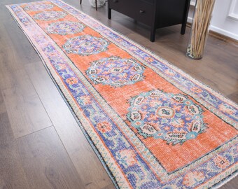 3x11,6 fot, turkisk vintage löpare, Oushak handgjord ullmatta, neutral orange hallmatta, lantlig matta, 3x12 löpare, tvättbar matta, stjärna