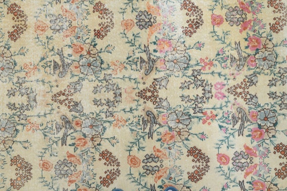 4x8 Turkish Vintage Rug, Faded Orange Floral Oushak Rug, Handmade