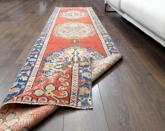 2x10 Vintage Turkish Red Runner, Oushak Runner, Handmade Wool Rug, Oriental FADED Red Hallway Rugs, Anatolian Farmhouse Decor One-of-a-Kind