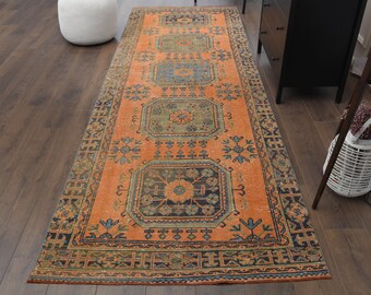 4x11 Vintage Turkish Rug Runner, Oushak Runner, Handwoven Wool Rug, Hallway Rug, One-of-a-Kind, Boho Decor, Floral Orange, Farmhouse Decor
