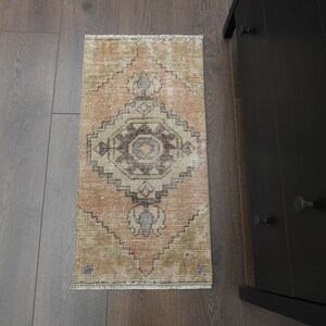 1.3x2.6 ft, TURKISH VINTAGE RUG, Small Door Mat, Small Carpet, Handmade Wool Orange Ethnic Doormat Mini Rugs, One-of-a-Kind, Star Rug, 1x3