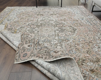 7x10 Beige Turkish Rug, Oriental Handmade Neutral Rug, Living Room Bedroom Rug, One-of-a-Kind, 7x10 Oushak Rug, Large Area Rug, Floral Rug
