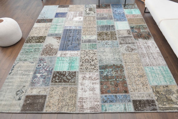 8x10 PATCHWORK RUG, Turkish Vintage Oushak Rug, Handmade Wool