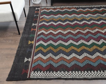 7x10 ZIGZAG Vintage Turkish KILIM Area Rug, Oushak Handmade