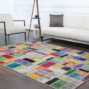 6x8 PATCHWORK Turkish Vintage Rug, Oushak Rug, Handmade Wool Rug, Colorful Custom Rugs, Farmhouse Decor, One-of-a-Kind, Anatolian Carpet