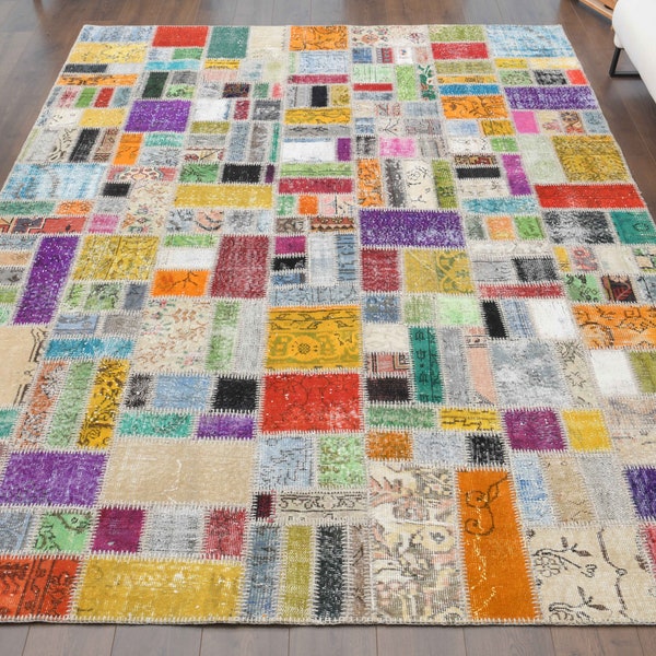 8x10 ft, PATCHWORK Turks vintage tapijt, Oushak handgemaakt wollen tapijt, veelkleurig eigentijds tapijt, kleurrijk gebiedskleed, woonkamertapijt, ster