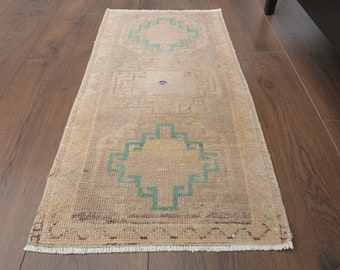 1x3 Turkish Antique Rug, Oushak Rug, Door Mat Bath Mat, Small Carpet, Handmade Wool Rug, Neutral Brown Doormat, Mini Rug, One-of-a-Kind