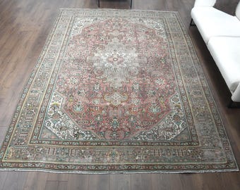 Tappeto turco vintage 8x11, tappeto orientale, tappeto Oushak, tappeto per interni, tappeto in lana fatto a mano, arredamento rustico, grande tappeto rosso, tappeto rustico, arredamento boho