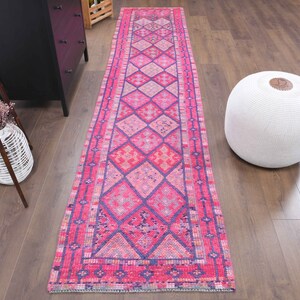 2'4x11'3 ft, BRIGHT PINK RUNNER, Handmade Wool Rug, Pink Purple Geometric Patterned Hallway Rug, Tribal Runner, Washable Rug, Kitchen Rug,