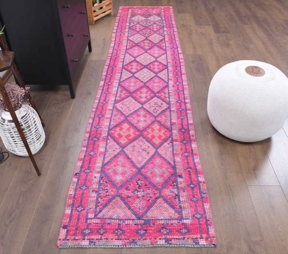 60x300cm, HELLER PINK LÄUFER, Handgemachter Wollteppich, Pink Lila Geometrisch gemusterter Teppich, Flurteppich, Waschbar, Küchenteppich