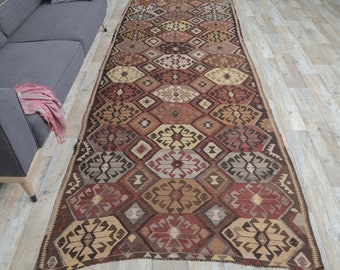 4x12 Turkish Vintage Kilim, Oushak Handmade Wool Flatweave Runner Rug, RUSTIC Hallway Rugs, Farmhouse Decor, One-of-a-Kind, Made in Kars
