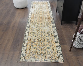 2x9 Vintage Turkish Runner, Oushak Runner, Handmade Wool Rug, Floral Yellow Hallway Rugs, Farmhouse Decor, One-of-a-Kind, Made in Anatolia