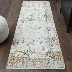 3x8 Turkish Vintage Floral Runner, Oushak Runner, Handmade Wool Rug, Hallway Bathroom Rugs, Farmhouse Decor, One-of-a-Kind, Beige Floral