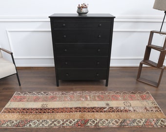 2x7 Vintage Turkish Oushak Patchwork Runner, Handmade Wool Carpet, Neutral Ikat Rugs, Hallway Rug, One-of-a-Kind, Anatolian, Boho Decor