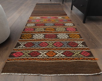 3x9 Vintage Turkish Runner, Oushak Runner, Handmade Wool Rug, Hallway Runner, One-of-a-Kind, Farmhouse Decor, Boho Brown Runner, Carpet